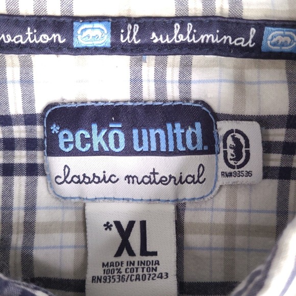 Ecko Unltd Shirt Mens XL White Plaid Button Down‎ Classic Material Short Sleeve - Picture 7 of 13